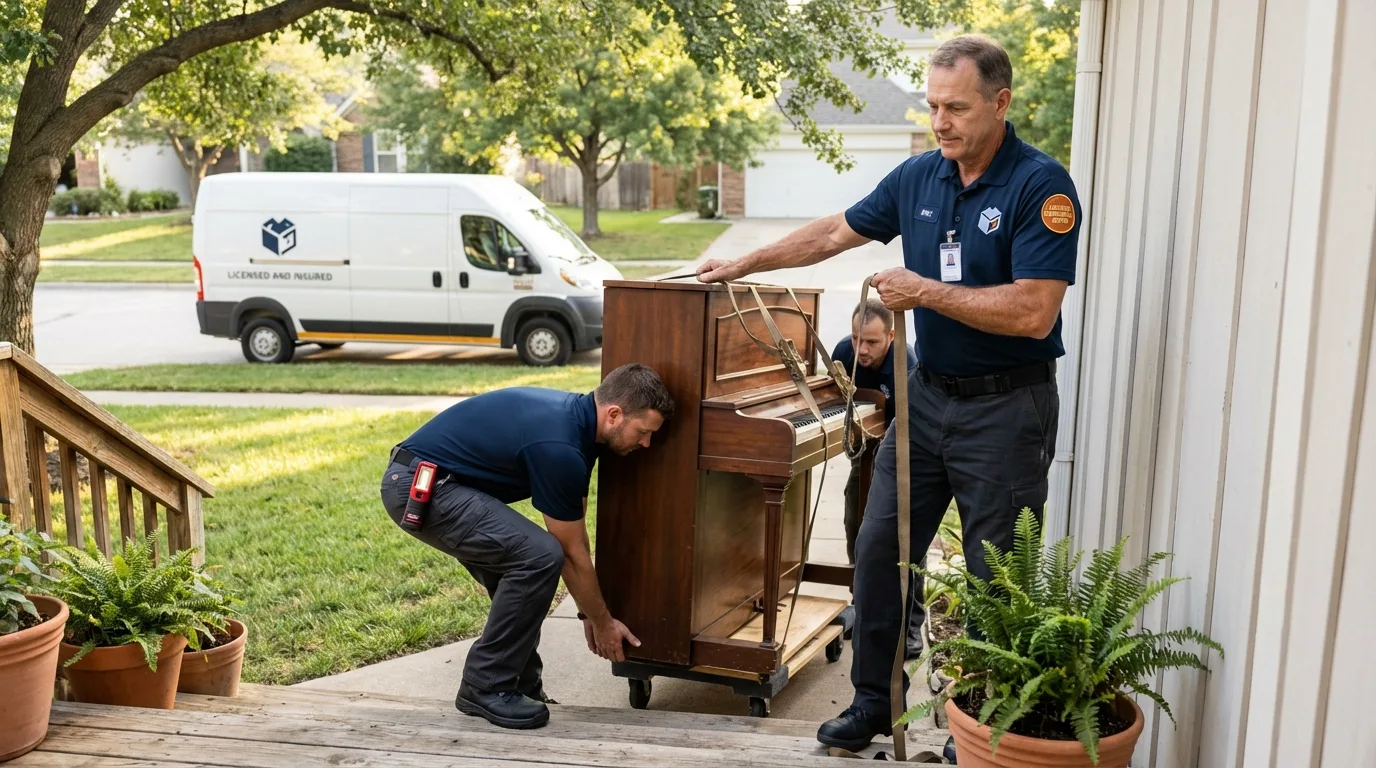 Licensed piano movers securing grand piano in Frostproof, FL