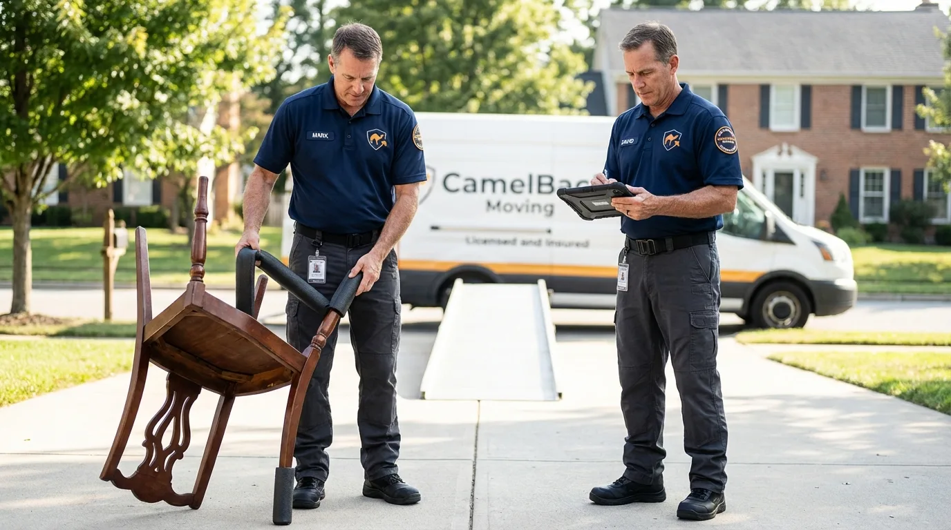 Movers inspecting furniture for damage prevention before loading in Frostproof, FL